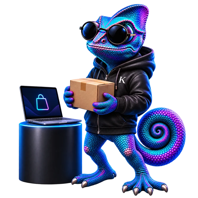 Camaleón de Dankar preparando una tienda online con paquetes y portátil